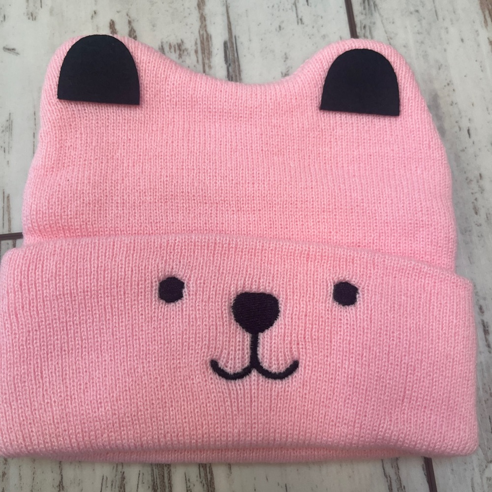 Unisex Toddler Knit Hat – Pink Bear Pattern Beanie | Warm Fall & Winter Cap